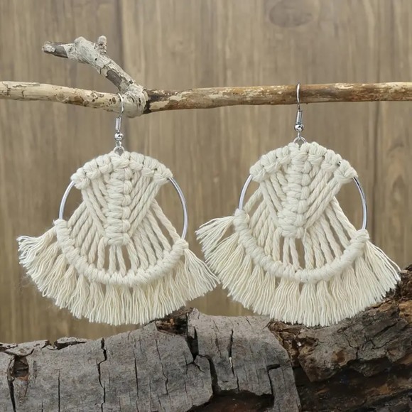 Large Cream Cotton Tassel Drop Earrings - Picture 2 of 3